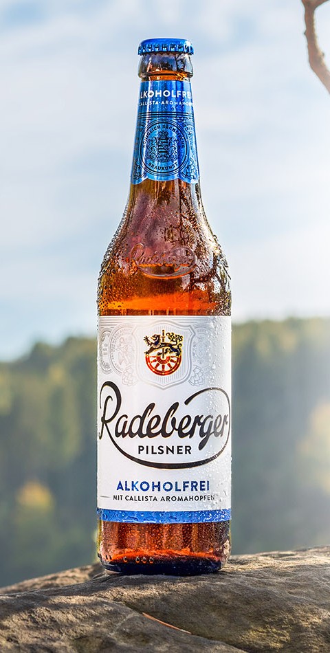 Eine Flasche alkoholfreies Pilsner steht auf einem Felsen vor bewaldeter Landschaft.