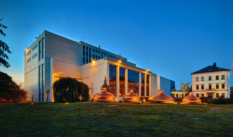 Beleuchtete Braukessel vor der Radeberger Brauerei, vor blauem Abendhimmel.