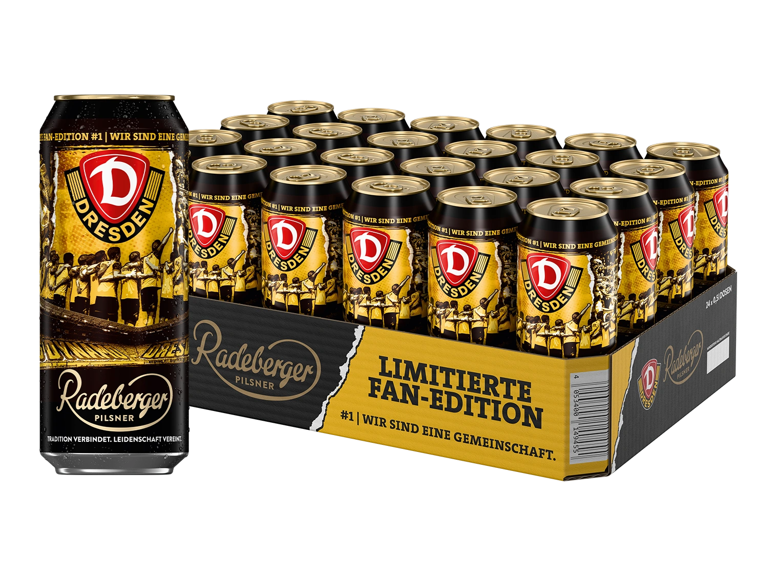 Eine Radeberger-0,5-Liter-Bierdose im Dynamo-Dresden-Design steht vor einem Tray voller Dosen.