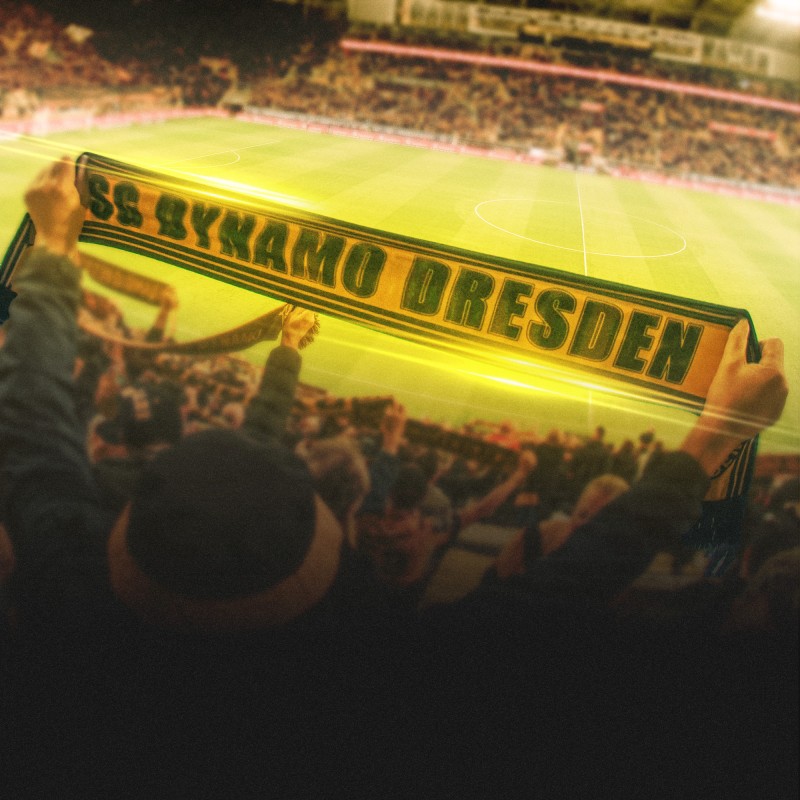 Fußballfans halten ein Fanschal hoch, im Hintergrund jubelt die Menge im Stadion.