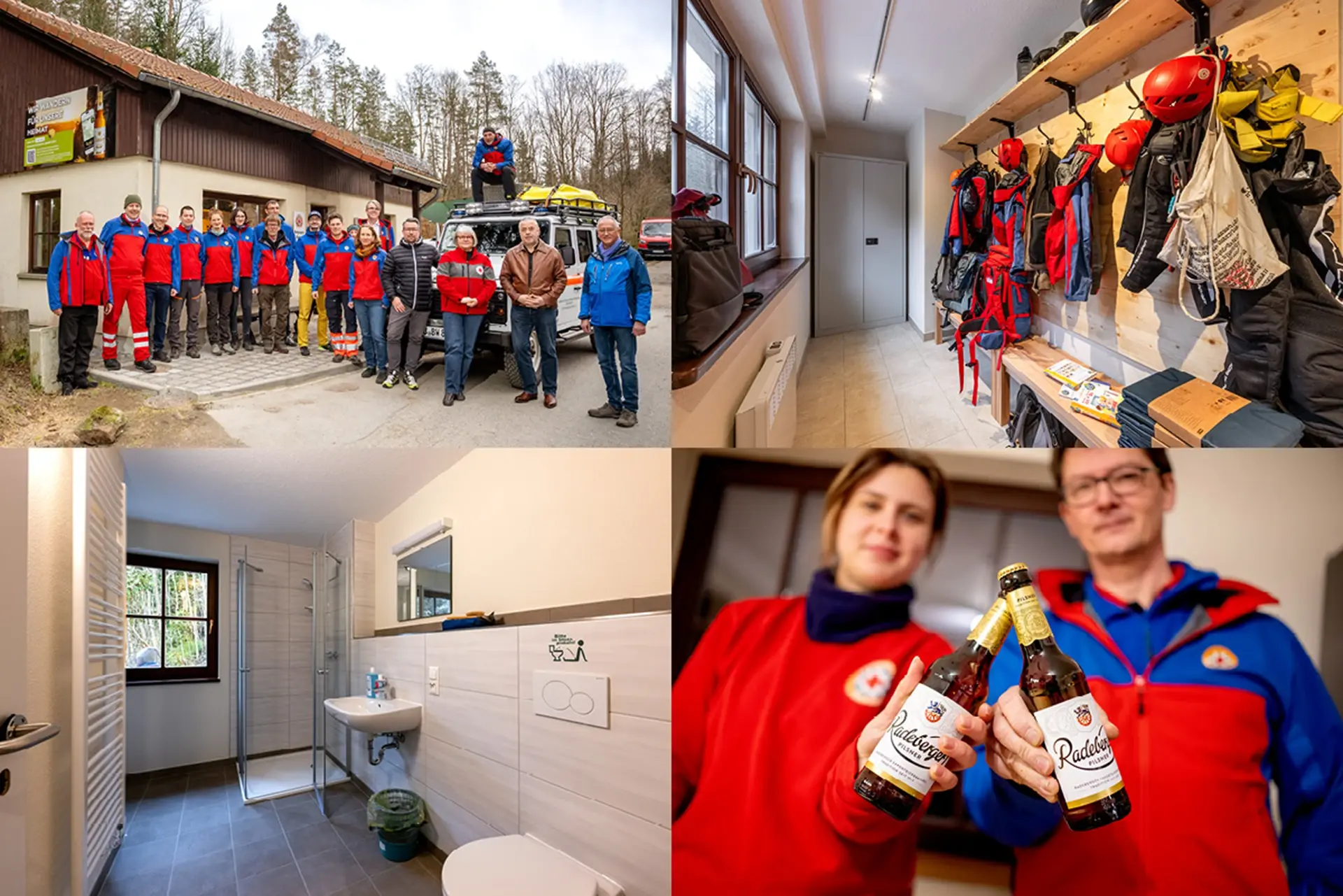 Rettungsteam steht vor einem Fahrzeug, Personen halten Bierflaschen, Kleidung an Haken in einem Raum, barrierefreies Badezimmer.