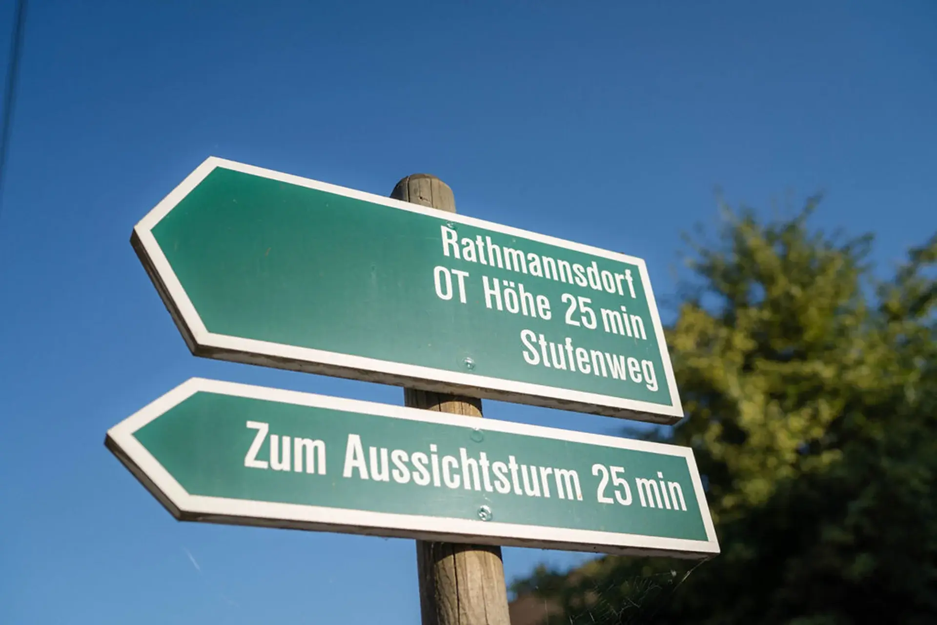 Grüne Wegweiser zeigen Richtungen und Gehzeiten zum Ort Rathmannsdorf und einem Aussichtsturm.