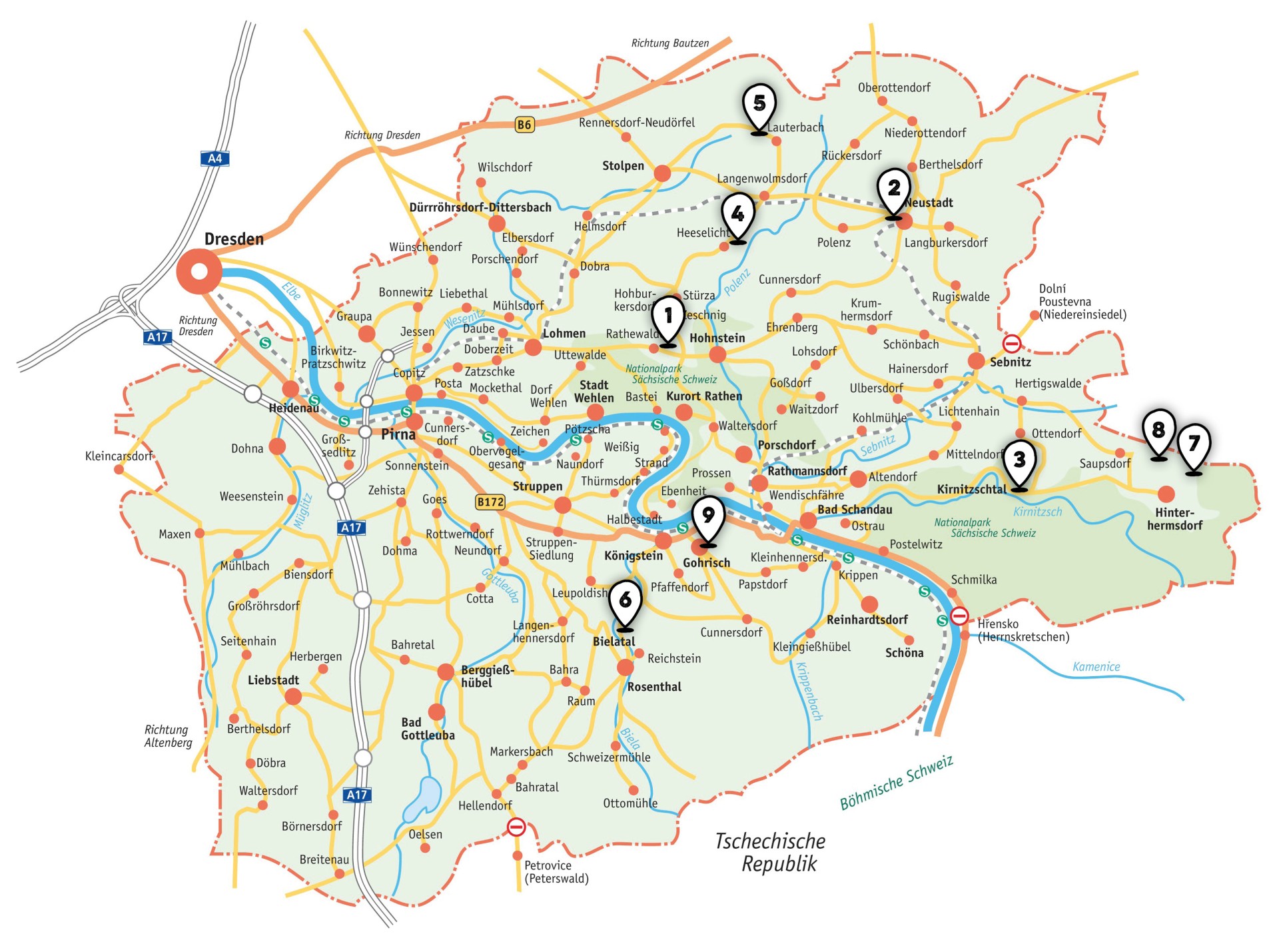 Farbige Karte zeigt eine Übersicht der Region um Dresden mit Straßen, Orten und Symbolen.
