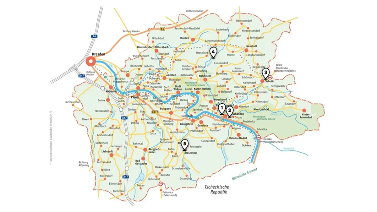 Kartenabbildung mit 5 markierten Standorten. Bad Schandau, Stadt Sebnitz, Stadt Hohnstein und Gemeinde Rosenthal-Bieletal.
